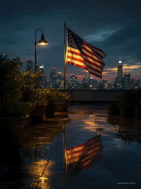 American flag waving on rooftop at sunset in city