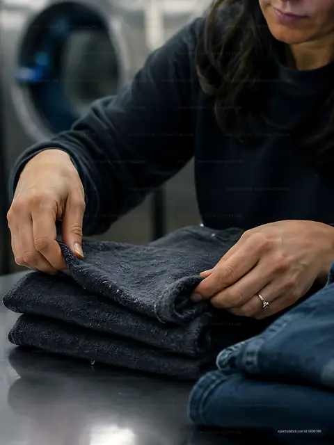 Person folding laundry in a laundromat