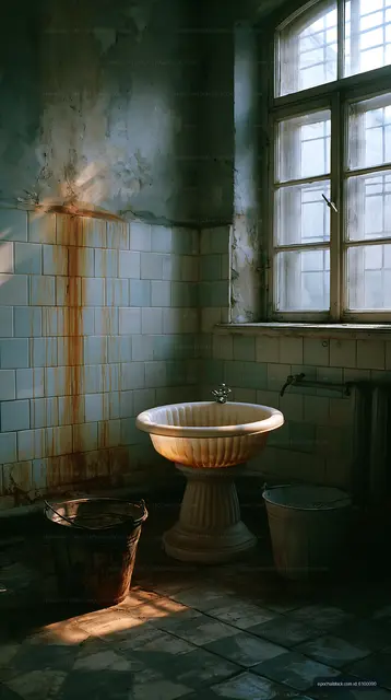 Old bathroom with a sink, rust stains and buckets in sunlight