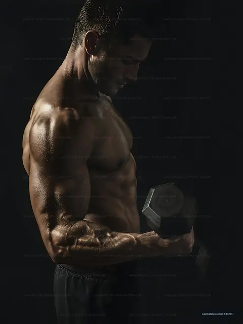Man lifting a dumbbell in a dark gym setting