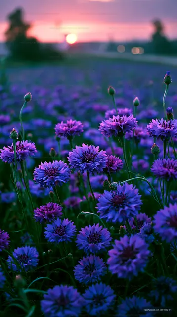 Purple flowers bloom under a sunset sky in a field