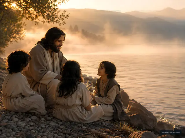 Jesus talking to children by the water at sunrise