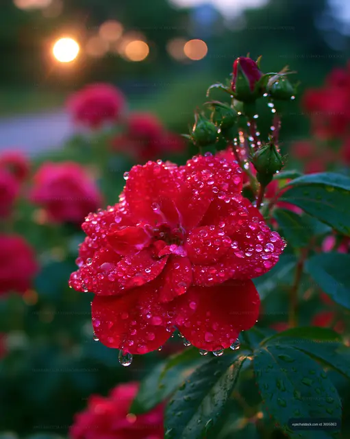 Red rose with water droplets in a garden at sunset