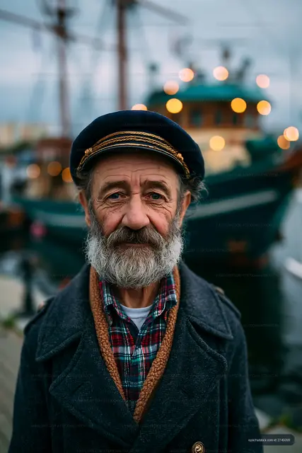 Bearded man stands near ship at harbor in evening light