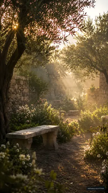 Sunlight filters through trees in a garden with flowers and a bench