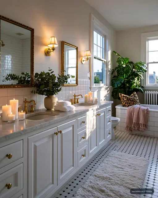 Modern bathroom with plants and candles during evening light