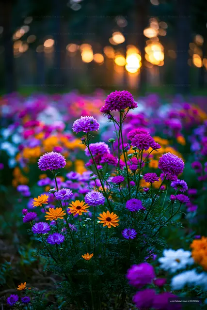 Colorful flowers blooming in a field during sunset