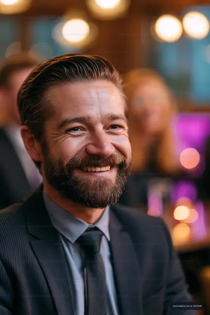Man smiling in a suit at a social gathering