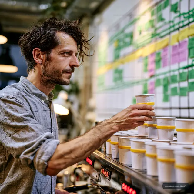 Man preparing drinks at a coffee shop with a schedule board