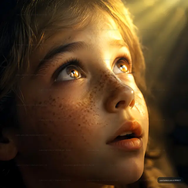 Child looking up with wonder in dim light