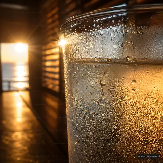 Sunset view through a glass of cold water on a warm evening