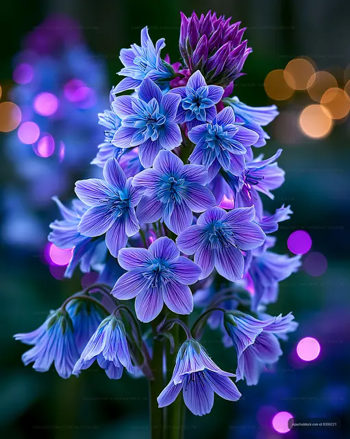 Bright blue flowers with purple buds in a nighttime garden