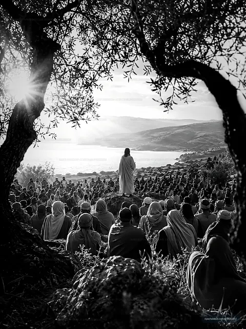 Gathering of people listening to a speaker near an olive tree