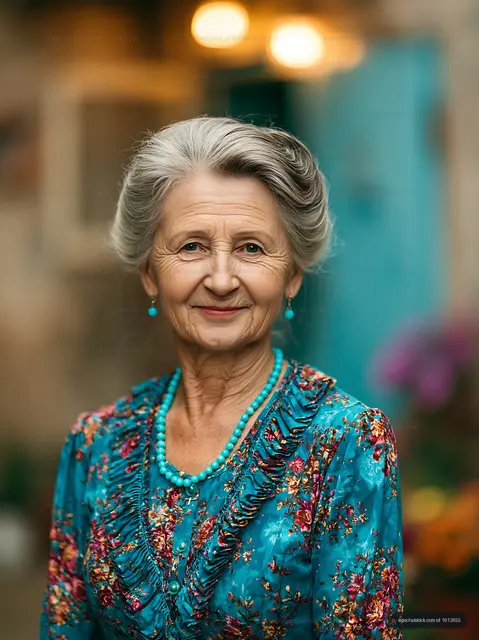 Elderly woman wearing floral dress with turquoise necklace smiling