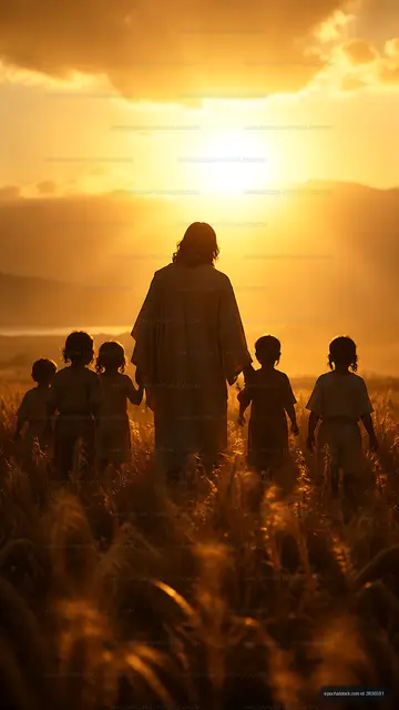Man holding hands with children in a golden field at sunset