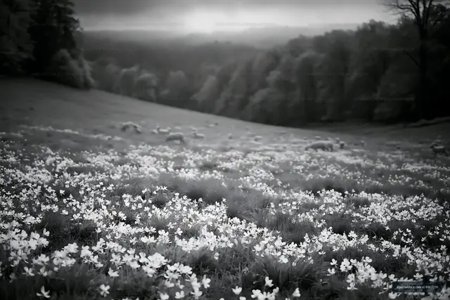 Black and white landscape with flowers in a grassy field