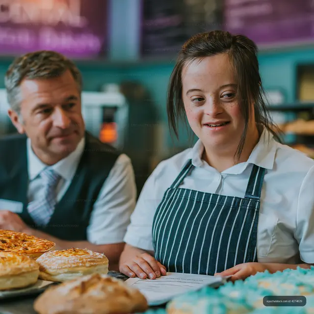 Staff member in bakery discussing pastry options with a colleague