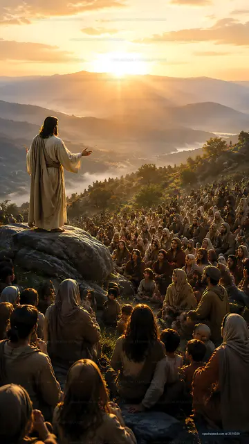 Jesus teaching a large crowd during sunset in a mountainous area