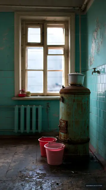 Old heating stove in an empty room with colorful buckets