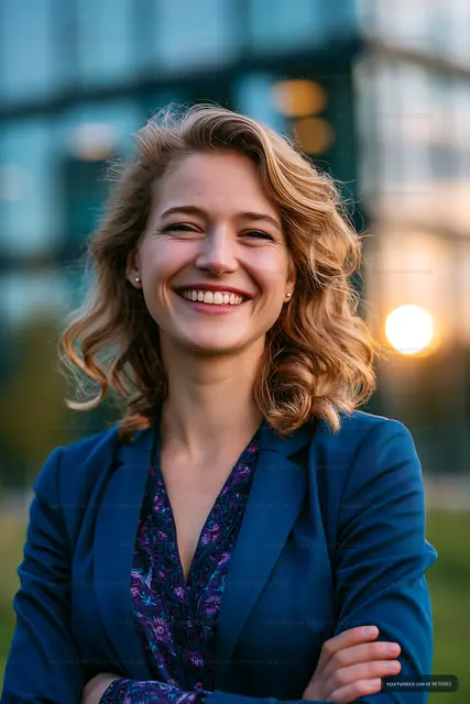 Businesswoman smiling outdoors at sunset in a city park