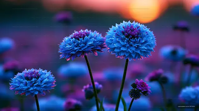 Colorful flowers in a field at sunset