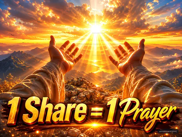 Sunrise over mountains with hands raised in prayer