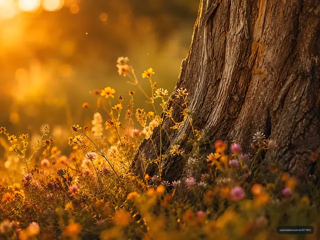 Sunlight shining through flowers at the base of a tree