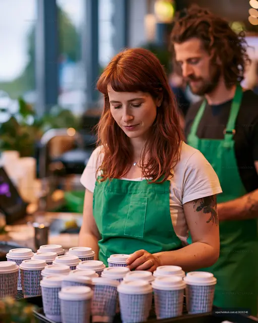 Baristas preparing coffee cups in a busy cafe environment