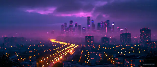 City skyline at dusk with lights and clouds
