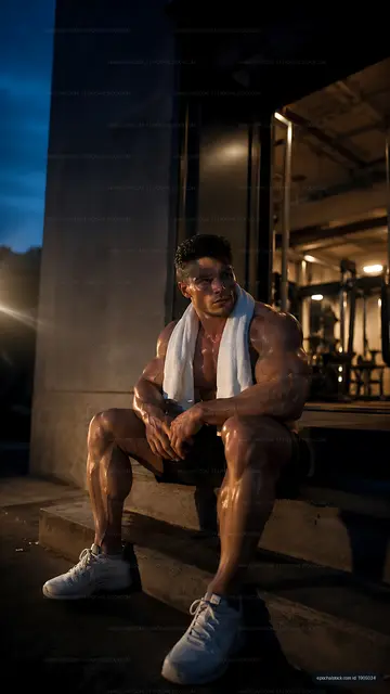Man resting on steps outside gym at night