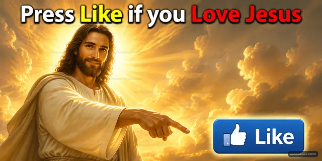 Jesus pointing with clouds in the background and a like button