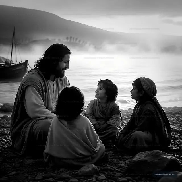 Jesus talks to children by a lake during sunset