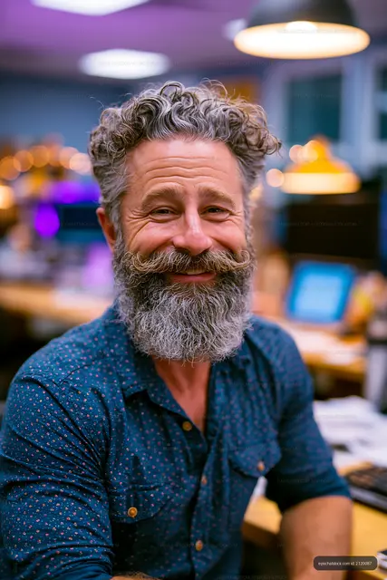 Bearded man smiling in a creative workspace with warm lighting