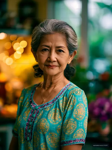 Elderly woman in a colorful blouse standing indoors