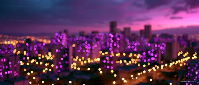 City skyline at night with colorful lights in the background