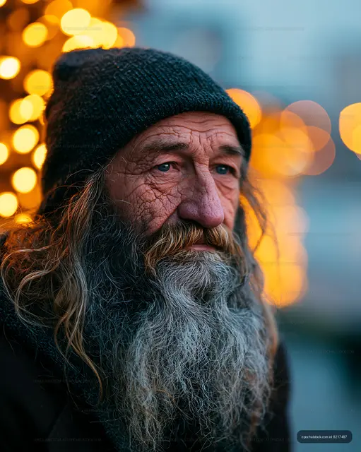 Portrait of an older man with a beard and beanie near lights