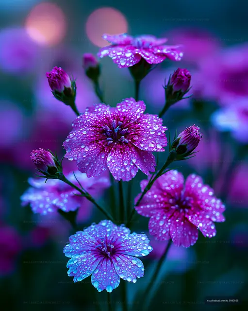 Purple flowers with water droplets in a garden at dusk