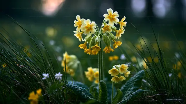 Yellow flowers bloom in a green field during sunset