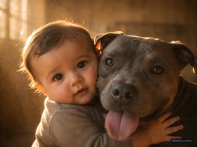 Baby and dog share a moment together in warm light