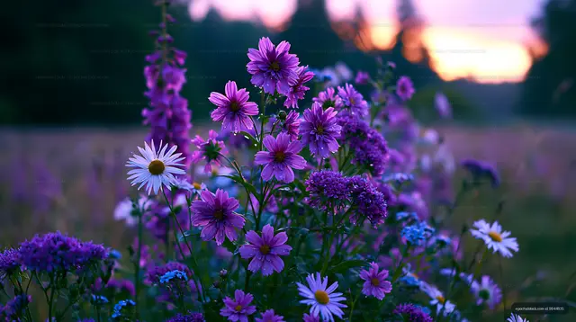 Colorful wildflowers bloom in a field during sunset