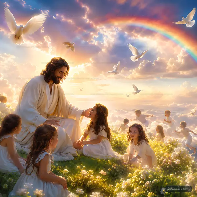 Jesus surrounded by children in a joyful scene