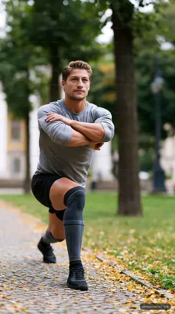 Man performs a lunge exercise in a city park during daytime