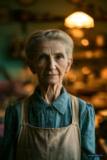 Elderly woman in an apron poses in a cozy kitchen setting
