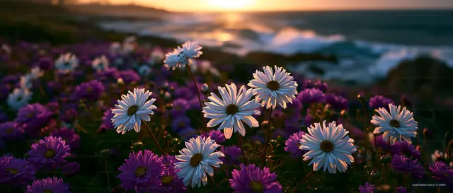 Sunset over coastal flowers with ocean waves in background