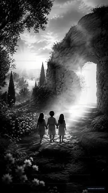 Children walking through a mystical archway in a garden