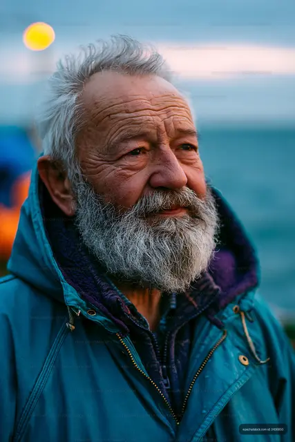 Elderly man with beard standing by the water at sunset