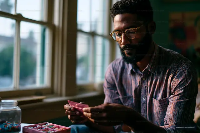Man working with small objects at a table in natural light