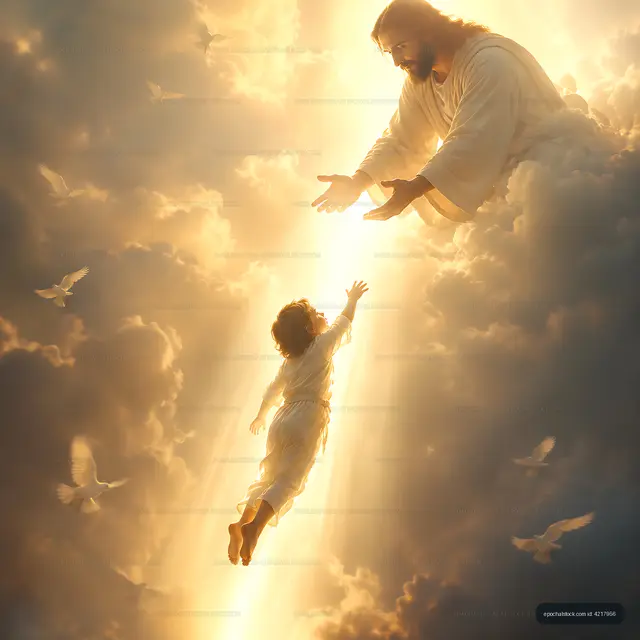 Child reaching out to a figure in clouds with light and doves