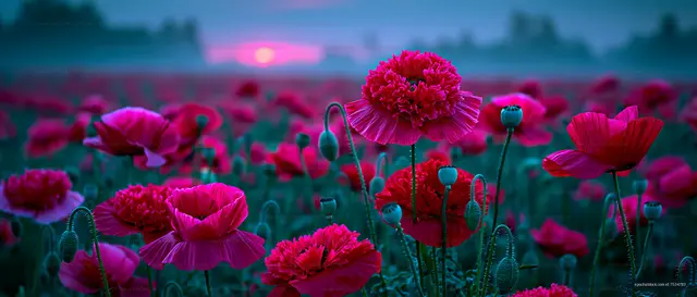 Vibrant poppy flowers bloom at dusk in a scenic field