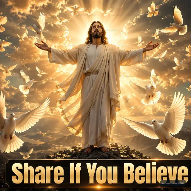 Jesus with doves against a dramatic background of clouds and light